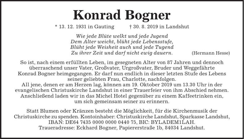 Traueranzeige Konrad Bogner