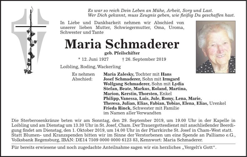Traueranzeige Maria Schmaderer