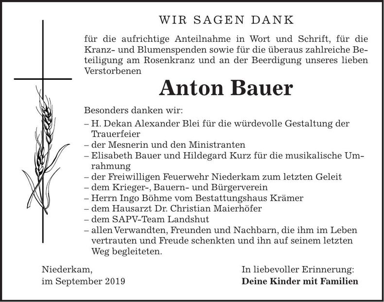 Traueranzeige Anton Bauer