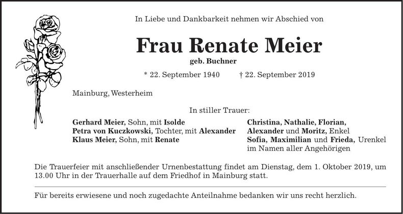 Traueranzeige Renate Meier