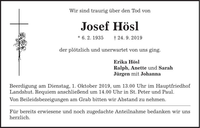 Traueranzeige Josef Hösl