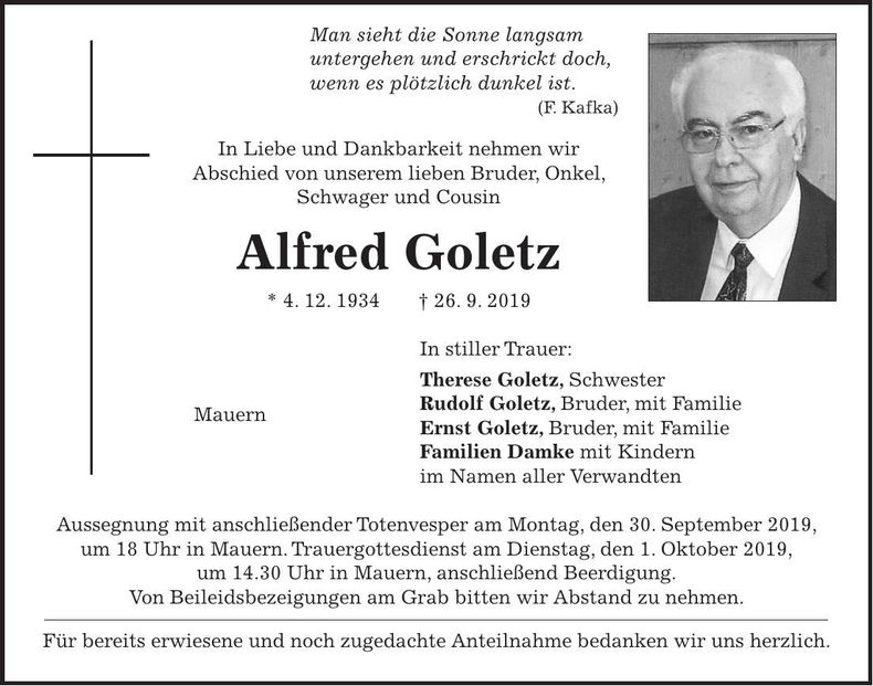 Traueranzeige Alfred Goletz