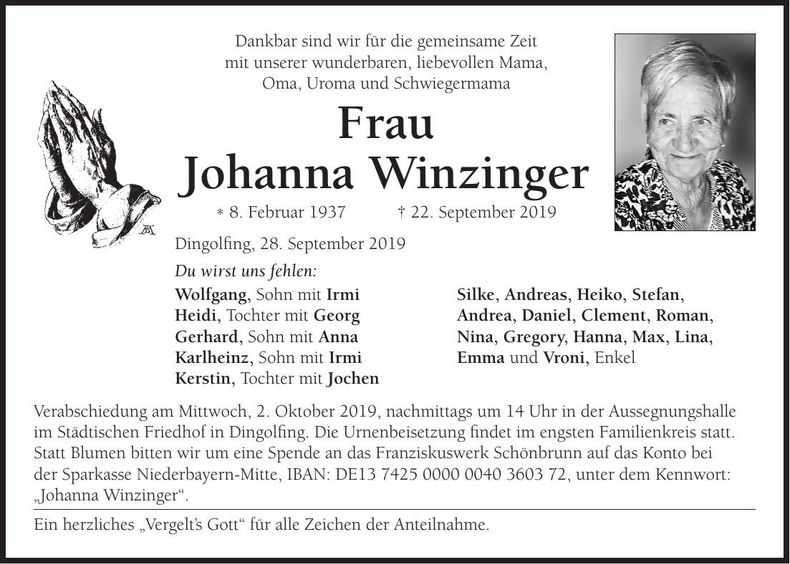 Traueranzeige Johanna Winzinger