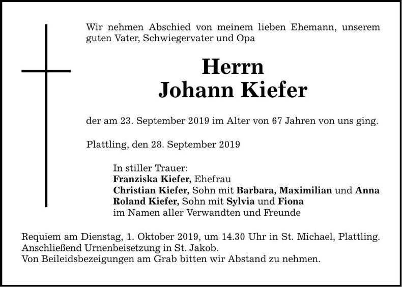 Traueranzeige Johann Kiefer