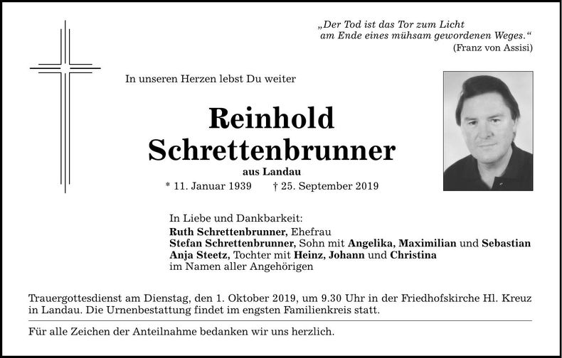 Traueranzeige Reinhold Schrettenbrunner