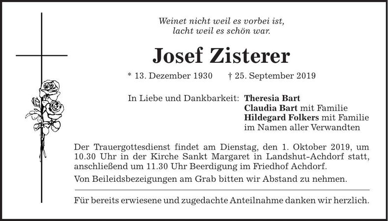 Traueranzeige Josef Zisterer