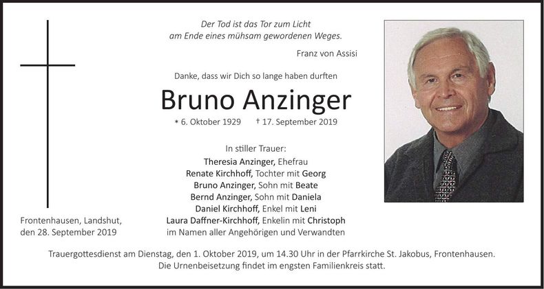 Traueranzeige Bruno Anzinger