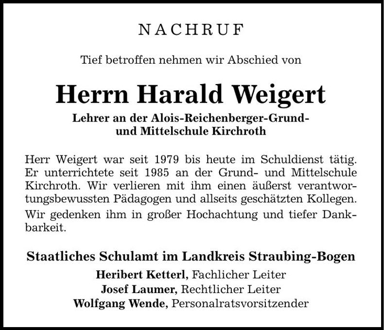 Traueranzeige Harald Weigert