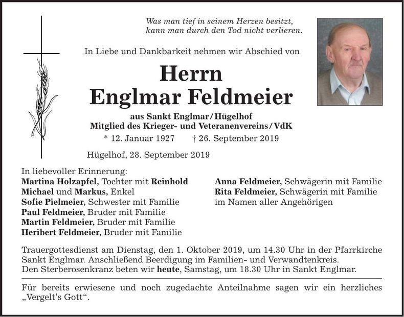 Traueranzeige Englmar Feldmeier