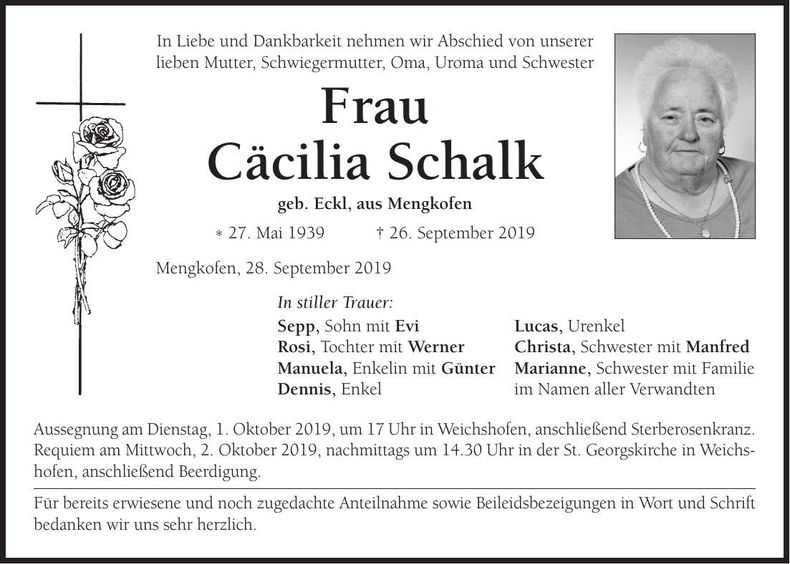 Traueranzeige Cäcilia Schalk