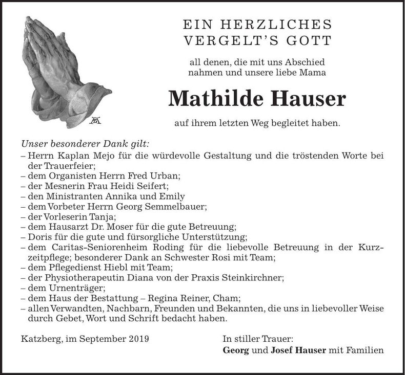 Traueranzeige Mathilde Hauser