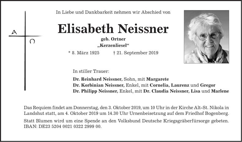 Traueranzeige Elisabeth Neissner