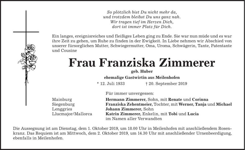Traueranzeige Franziska Zimmerer
