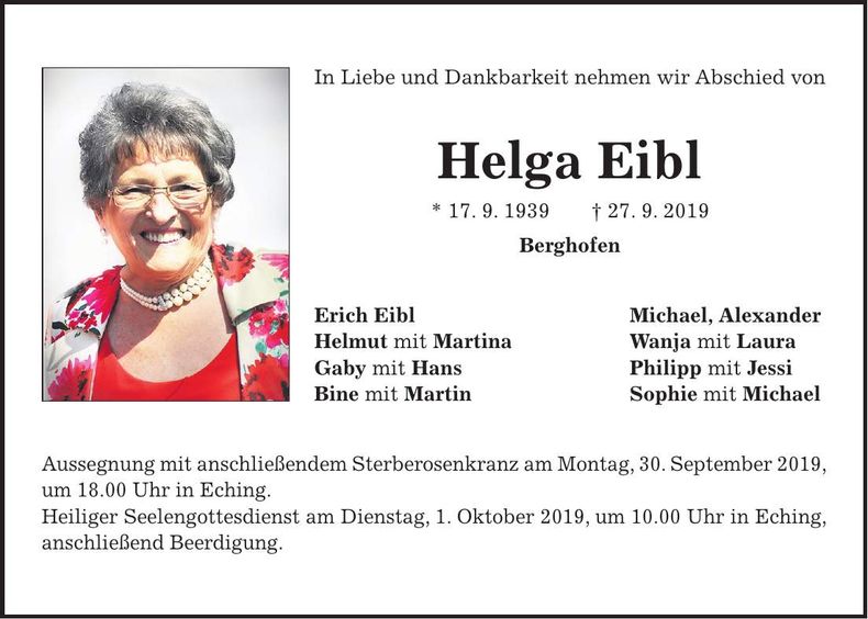 Traueranzeige Helga Eibl