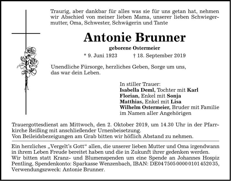 Traueranzeige Antonie Brunner