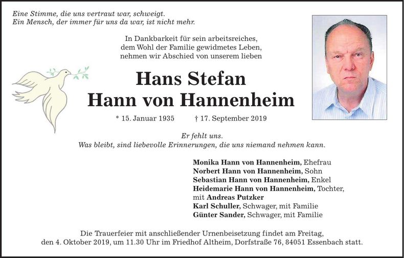 Traueranzeige Hans Stefan Hann von Hannenstein