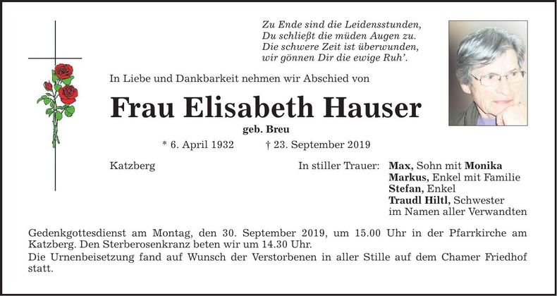 Traueranzeige Elisabeth Hauser