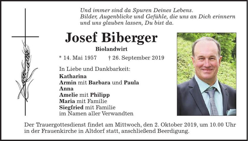 Traueranzeige Josef Biberger