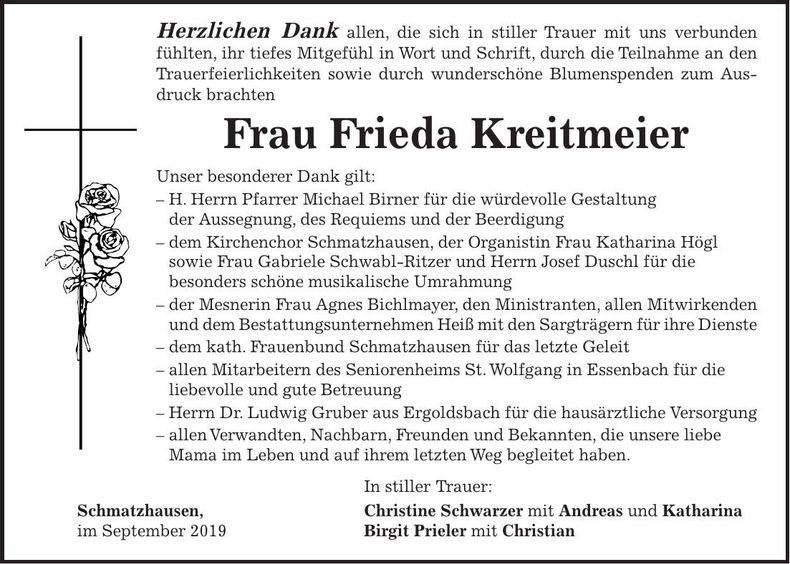 Traueranzeige Frieda Kreitmeier