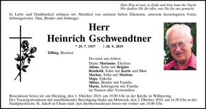 Traueranzeige Heinrich Gschwendtner
