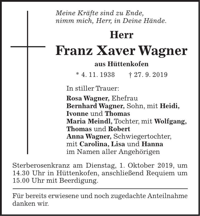 Traueranzeige Franz Xaver Wagner