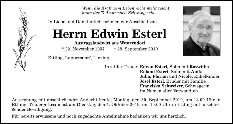 Traueranzeige Edwin Esterl