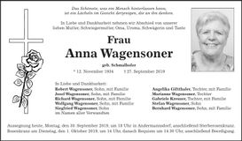 Traueranzeige Anna Wagensoner