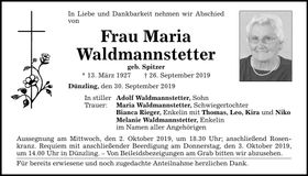 Traueranzeige Maria Waldmannstetter