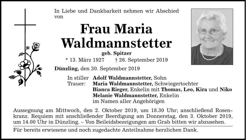 Traueranzeige Maria Waldmannstetter