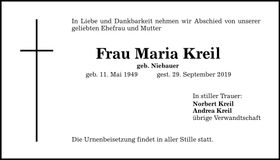Traueranzeige Maria Kreil
