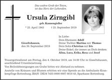 Traueranzeige Ursula Zirngibl