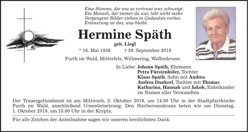 Traueranzeige Hermine Späth
