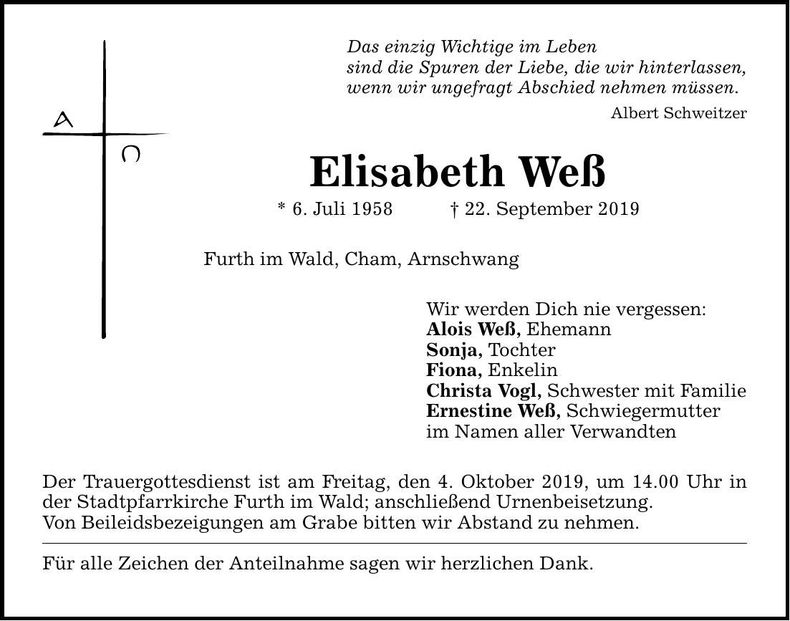 Traueranzeige Elisabeth Weß