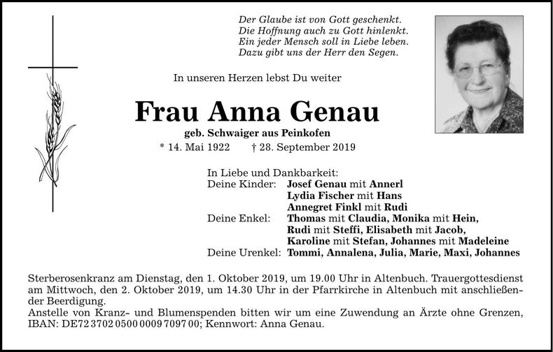 Traueranzeige Anna Genau