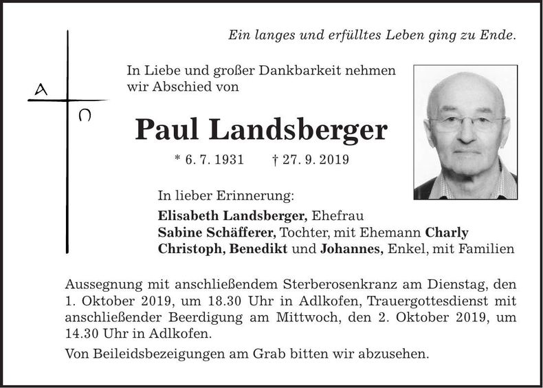 Traueranzeige Paul Landsberger