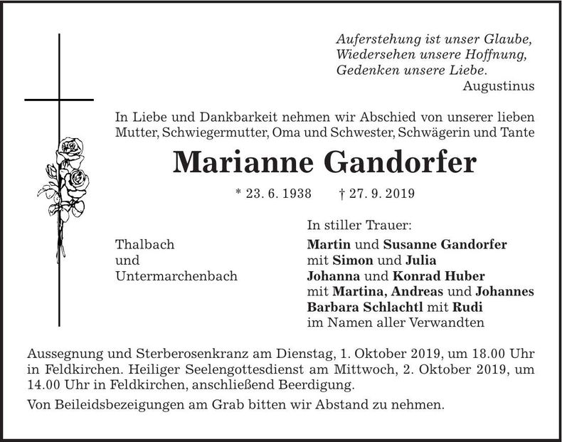 Traueranzeige Marianne Gandorfer