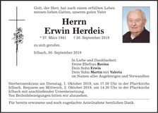 Traueranzeige Erwin Herdeis