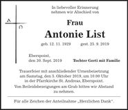 Traueranzeige Antonie List
