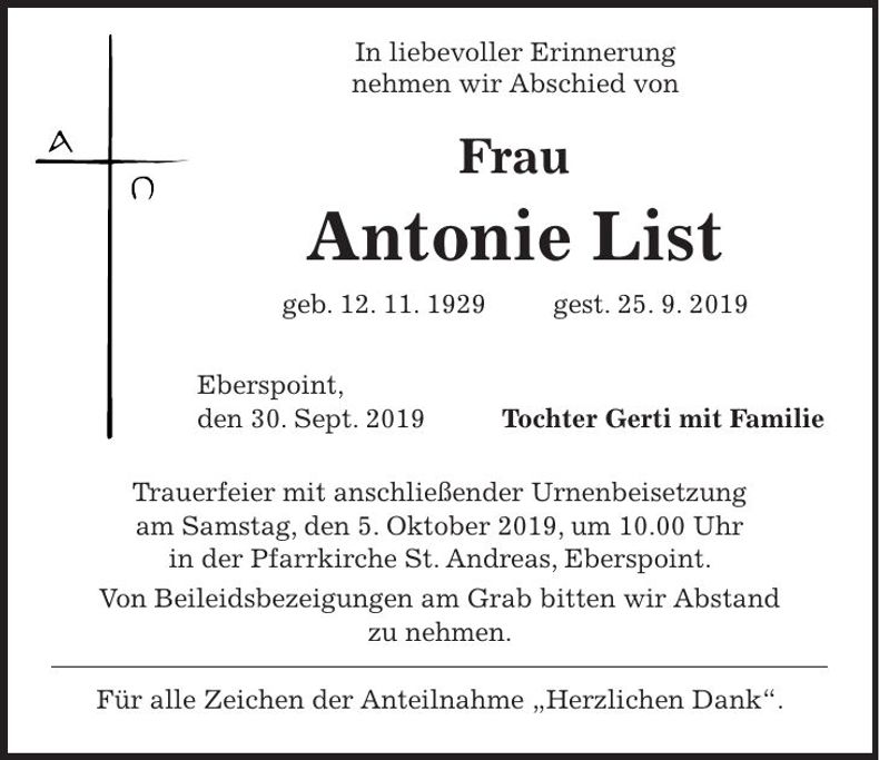 Traueranzeige Antonie List