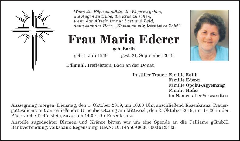 Traueranzeige Maria Ederer