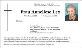 Traueranzeige Anneliese Lex