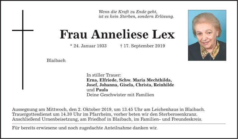 Traueranzeige Anneliese Lex