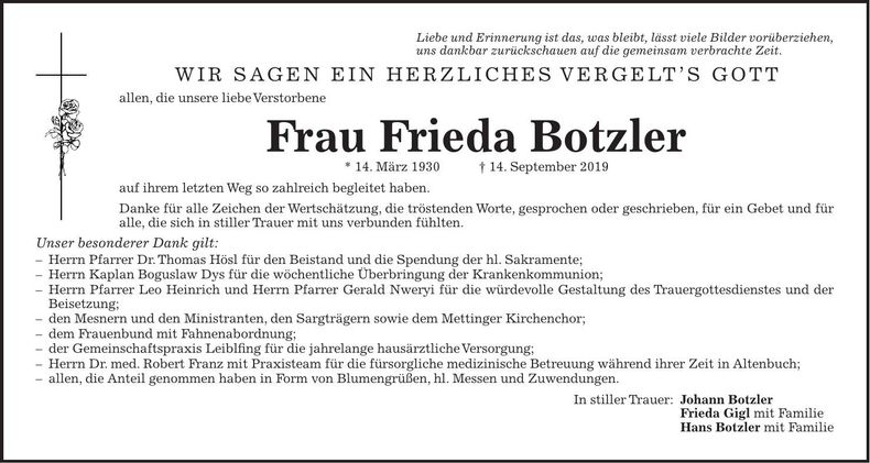 Traueranzeige Frieda Botzler