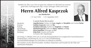 Traueranzeige Alfred Kasprzok
