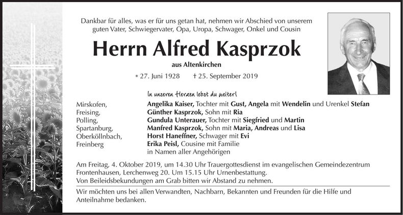 Traueranzeige Alfred Kasprzok