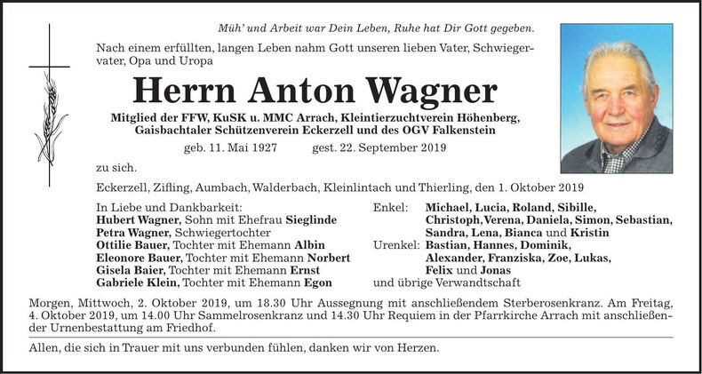 Traueranzeige Anton Wagner