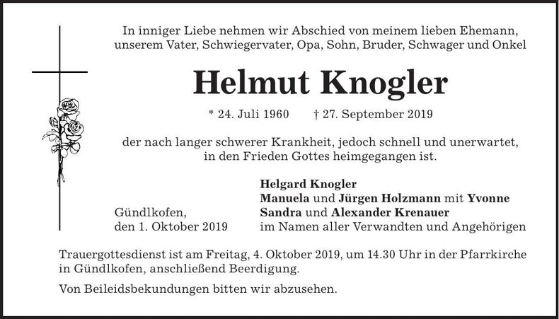 Traueranzeige Helmut Knogler