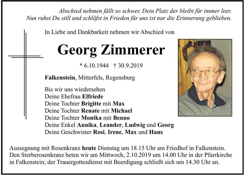 Traueranzeige Georg Zimmerer