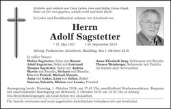 Traueranzeige Adolf Sagstetter