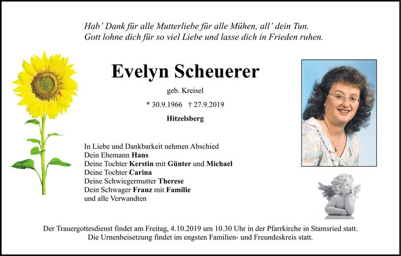 Traueranzeige Evelyn Scheuerer